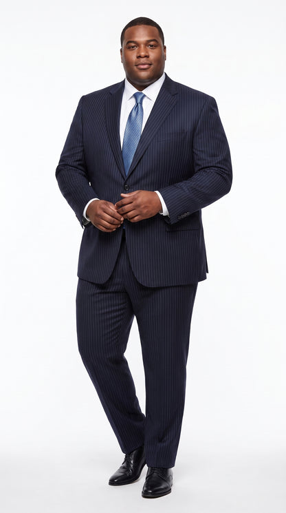 Men’s Dark Navy Pinstripe 2 Button Suit, Side Vent Back Formal Business Dress Suit