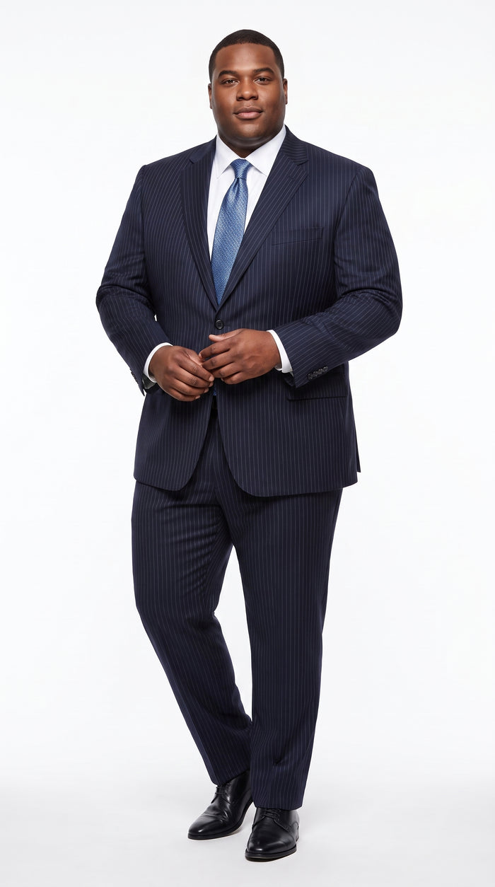 Men’s Dark Navy Pinstripe 2 Button Suit, Side Vent Back Formal Business Dress Suit