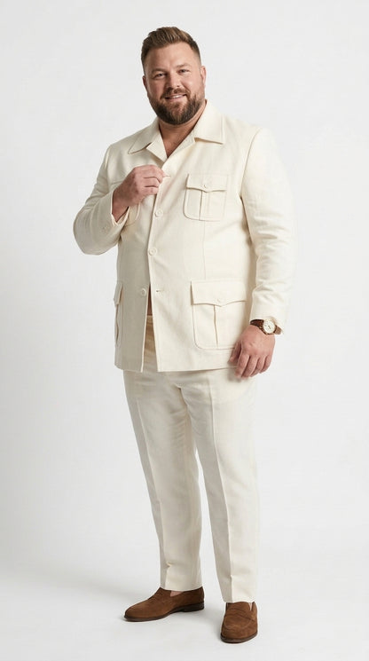 Men’s Off White Casual Safari Suit, Modern Fit Pocket Front Summer Walking Suit