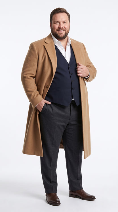 Men’s Camel Cashmere Winter Topcoat, Full Length Dress Overcoat