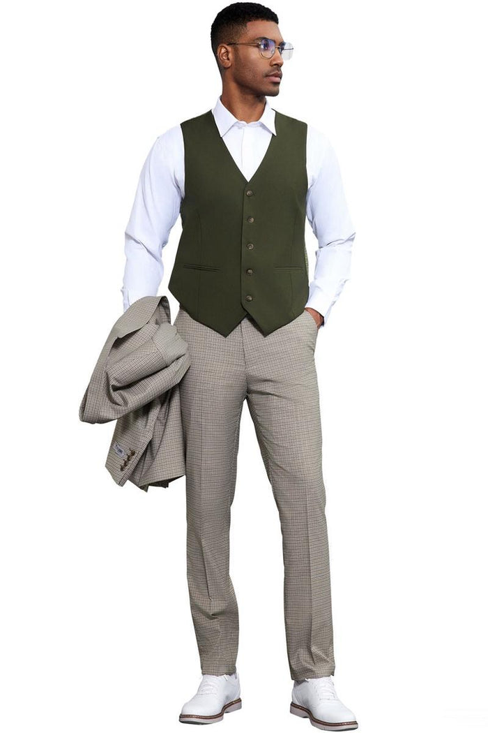 Men's Stacy Adams One Button Peak Lapel Vested Micro Check in Sage Green with an Olive Green Vest - Image 4