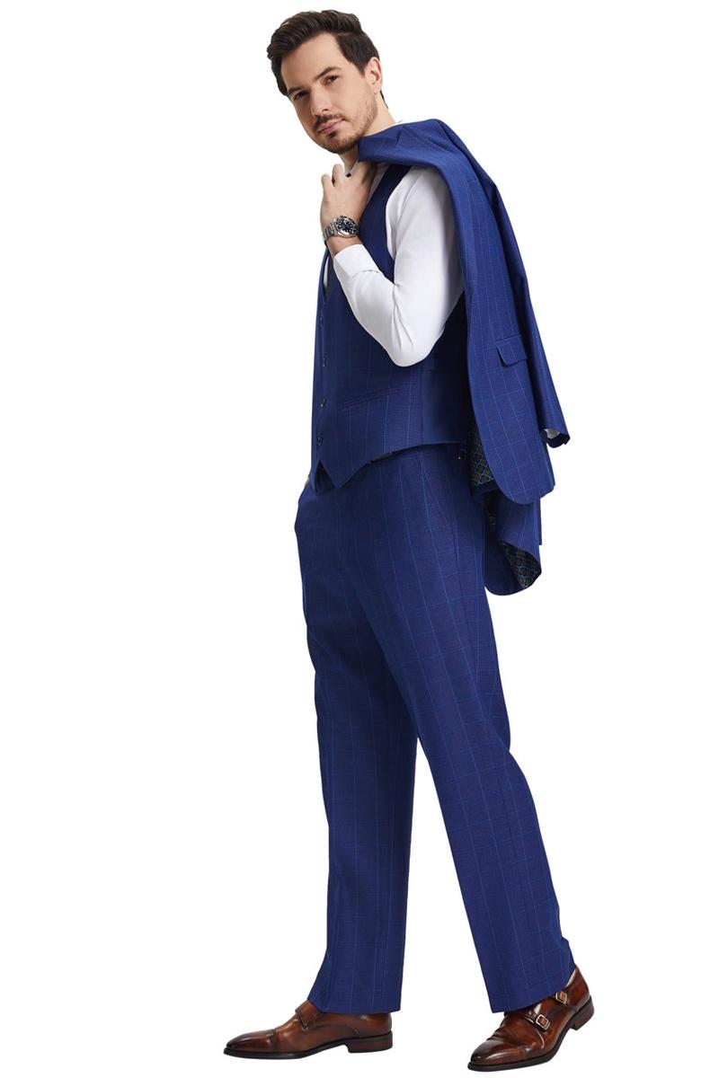 Men's Stacy Adams Peak Lapel Blue Windowpane Plaid Suit with a Scoop Neck Vest - Image 4
