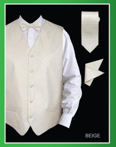 Men's 4 Piece Groomsmen Dress Tuxedo Wedding Vest ~ Waistcoat ~ Waist coat Set (Bow Tie, Neck Tie, Hanky) - Chessboard Checkered Beige - Men's Neck Ties - Mens Dress Tie - Trendy Mens Ties