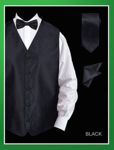 Men's 4 Piece Dress Tuxedo Wedding Vest ~ Waistcoat ~ Waist coat Set (Bow Tie, Neck Tie, Hanky) - Twill patterned Black