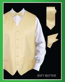 Men's 4 Piece Groomsmen Dress Tuxedo Wedding Vest ~ Waistcoat ~ Waist coat  Set (Bow Tie, Neck Tie, Hanky) - Chessboard Checkered Soft Butter  - Men's Neck Ties - Mens Dress Tie - Trendy Mens Ties