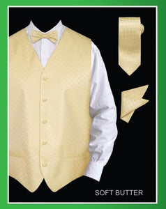 Men's 4 Piece Groomsmen Dress Tuxedo Wedding Vest ~ Waistcoat ~ Waist coat Set (Bow Tie, Neck Tie, Hanky) - Chessboard Checkered Soft Butter - Men's Neck Ties - Mens Dress Tie - Trendy Mens Ties