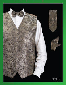 Men's Four Piece Groomsmen Dress Tuxedo Wedding Vest ~ Waistcoat ~ Waist coat Set (Bow Tie, Neck Tie, Hanky) - P A I S L E Y Design Gold - Men's Neck Ties - Mens Dress Tie - Trendy Mens Ties