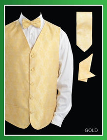 Men's Four Piece P A I S L E Y Jacquard Gold ~ Yellow ~ Banana - Groomsmen Dress Tuxedo Wedding Vest ~ Waistcoat ~ Waist coat Set (Bow Tie, Neck Tie, Hanky) - Men's Neck Ties - Mens Dress Tie - Trendy Mens Ties