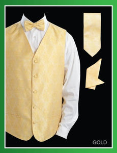 Men's Four Piece P A I S L E Y Jacquard Gold ~ Yellow ~ Banana - Groomsmen Dress Tuxedo Wedding Vest ~ Waistcoat ~ Waist coat Set (Bow Tie, Neck Tie, Hanky) - Men's Neck Ties - Mens Dress Tie - Trendy Mens Ties