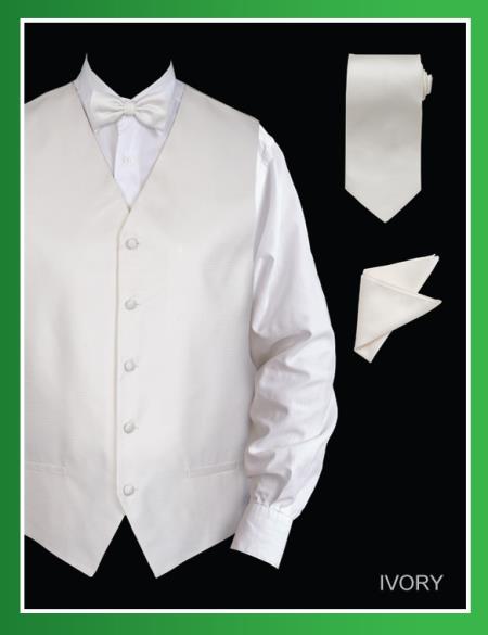 Men's 4 Piece Groomsmen Dress Tuxedo Wedding Vest ~ Waistcoat ~ Waist coat Set (Bow Tie, Neck Tie, Hanky) - Jacquard Ivory - Men's Neck Ties - Mens Dress Tie - Trendy Mens Ties