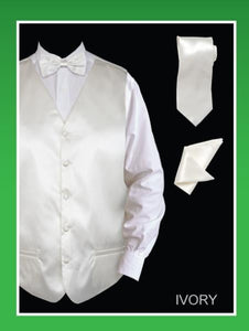 Men's 4 Piece Groomsmen Dress Tuxedo Wedding Vest ~ Waistcoat ~ Waist coat Set (Bow Tie, Neck Tie, Hanky) - Satin Ivory - Men's Neck Ties - Mens Dress Tie - Trendy Mens Ties