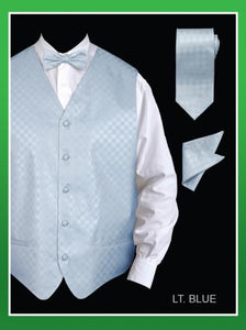 Men's 4 Piece Groomsmen Dress Tuxedo Wedding Vest ~ Waistcoat ~ Waist coat Set (Bow Tie, Neck Tie, Hanky) - Chessboard Checkered Light Blue - Men's Neck Ties - Mens Dress Tie - Trendy Mens Ties