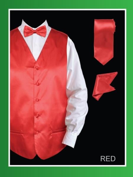 Men's 4 Piece Dress Tuxedo Wedding Vest ~ Waistcoat ~ Waist coat Set (Bow Tie, Neck Tie, Hanky) - Satin Red - Men's Neck Ties - Mens Dress Tie - Trendy Mens Ties