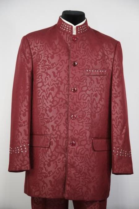 Men's Mandarin Collar Burgundy Suit Rhinestone Burgundy ~ Maroon Suit ~ Wine Paisley Banded Collar Mandarin Chines Collar Suit