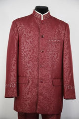 Men's Mandarin Collar Burgundy Suit Rhinestone Burgundy ~ Maroon Suit ~ Wine Paisley Banded Collar Mandarin Chines Collar Suit
