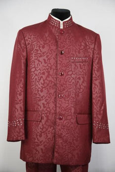 Men's Mandarin Collar Burgundy Suit Rhinestone Burgundy ~ Maroon Suit ~ Wine Paisley Banded Collar Mandarin Chines Collar Suit