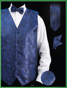 Men's Royal Blue P A I S L E Y Design - Four Piece Groomsmen Dress Tuxedo Wedding Vest ~ Waistcoat ~ Waist coat Set (Bow Tie, Neck Tie, Hanky) - Men's Neck Ties - Mens Dress Tie - Trendy Mens Ties