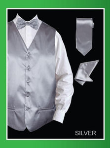 Men's 4 Piece Dress Tuxedo Wedding Vest ~ Waistcoat ~ Waist coat Set (Bow Tie, Neck Tie, Hanky) - Satin Silver - Men's Neck Ties - Mens Dress Tie - Trendy Mens Ties