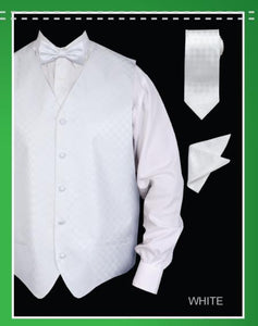 Men's 4 Piece Groomsmen Dress Tuxedo Wedding Vest ~ Waistcoat ~ Waist coat Set (Bow Tie, Neck Tie, Hanky) - Chessboard Checkered White - Men's Neck Ties - Mens Dress Tie - Trendy Mens Ties