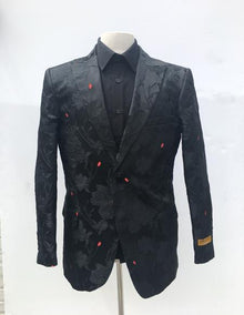 Floral themed full black 1 button peak lapel 1 chest pocket tuxedo suit for men