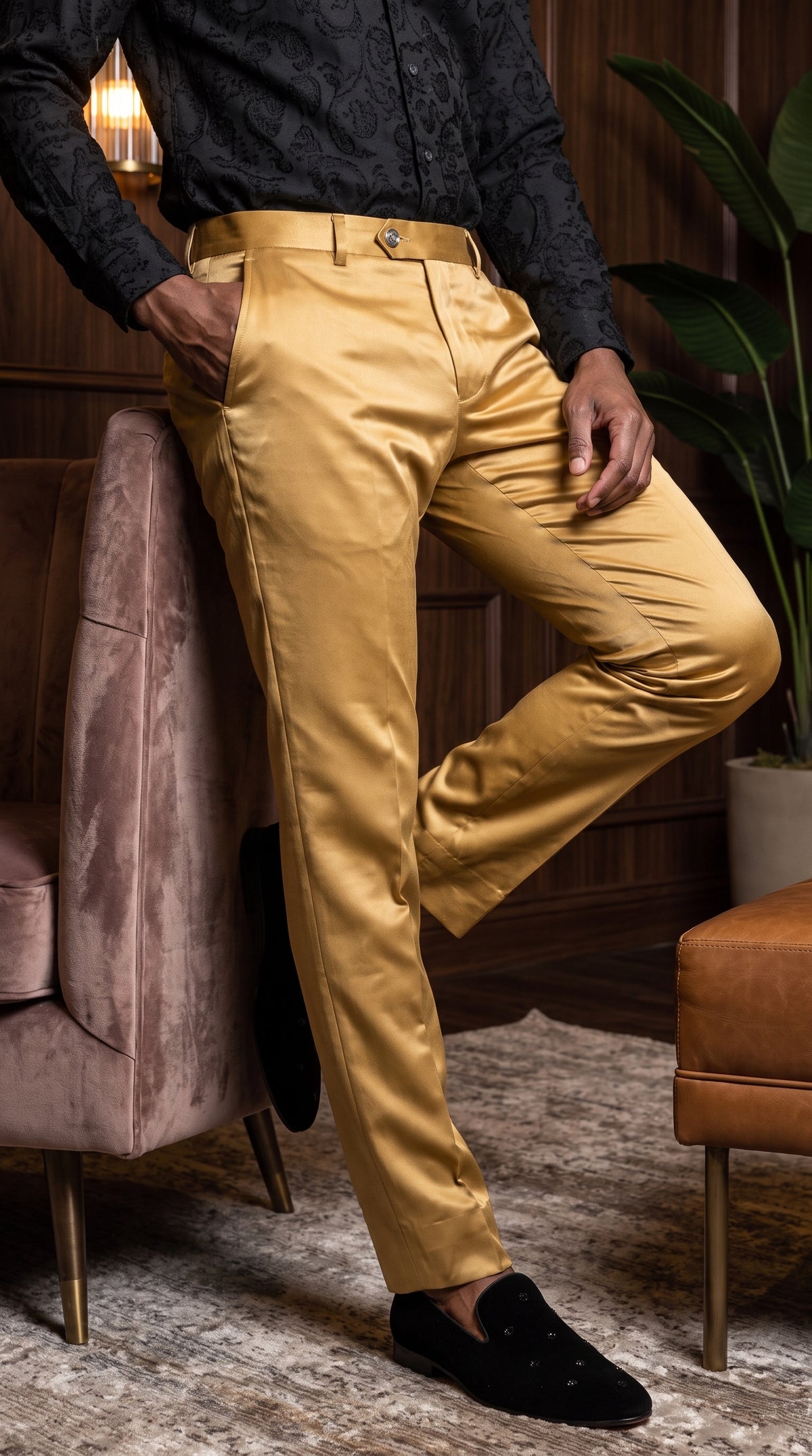 gold dress pants PLEASE Men's Sateen Shiny Pants, Formal Slim Fit Party and Prom mustard pants mens outfit