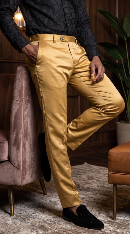Men’s Gold Sateen Shiny Dress Pants, Formal Slim Fit Party and Prom Pants