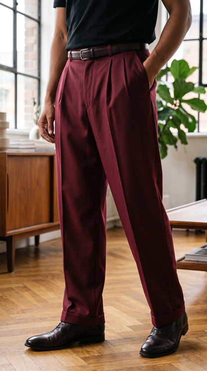Pacelli Men’s Burgundy Pleated Wide Leg Dress Pants, Wine Maroon Baggy Fit Slacks with Unhemmed Bottoms