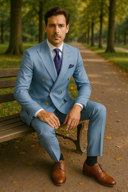 Mens Light Blue Double-Breasted Suit with Gold Buttons – Slim Fit 2-Piece Formal Set in Sky Blue Color - Image 2