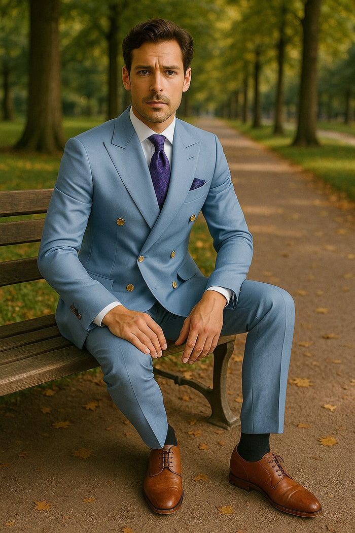 Mens Light Blue Double-Breasted Suit with Gold Buttons – Slim Fit 2-Piece Formal Set in Sky Blue Color - Image 2