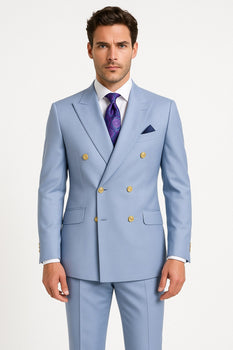 Mens Light Blue Double-Breasted Suit with Gold Buttons – Slim Fit 2-Piece Formal Set in Sky Blue Color