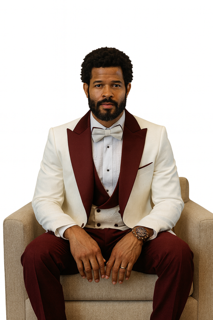 Hilton White and Burgundy Paisley Peak Lapel Tuxedo Jacket with Matching Shawl Vest and Wool Pants – Includes Bow Tie - Image 4