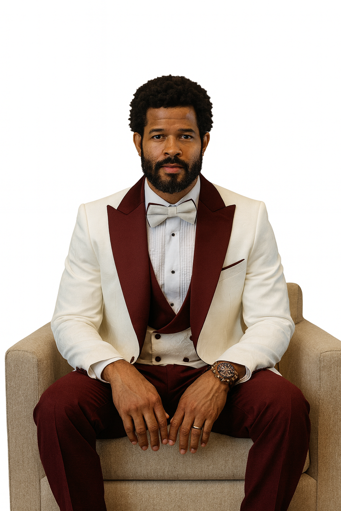 Hilton White and Burgundy Paisley Peak Lapel Tuxedo Jacket with Matching Shawl Vest and Wool Pants – Includes Bow Tie - Image 4