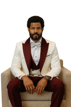 Hilton White and Burgundy Paisley Peak Lapel Tuxedo Jacket with Matching Shawl Vest and Wool Pants – Includes Bow Tie - Image 4