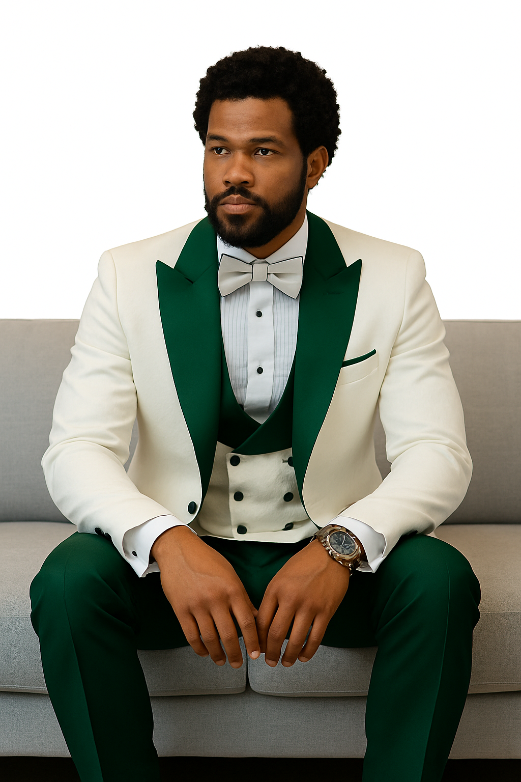 Hilton White and Hunter Green Paisley Peak Lapel Tuxedo Jacket with Matching Shawl Vest and Wool Pants – Includes Bow Tie - Image 5