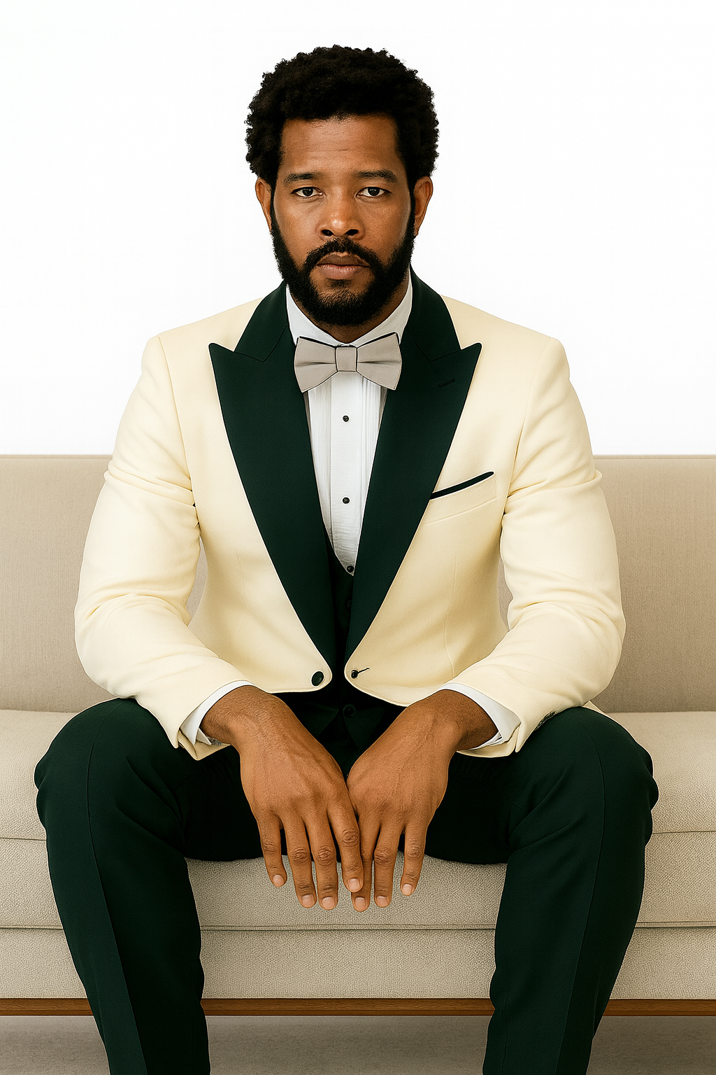 Hilton White and Black Paisley Peak Lapel Tuxedo Jacket with Matching Shawl Vest and Wool Pants – Includes Bow Tie - Image 6