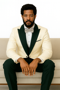 Hilton White and Black Paisley Peak Lapel Tuxedo Jacket with Matching Shawl Vest and Wool Pants – Includes Bow Tie