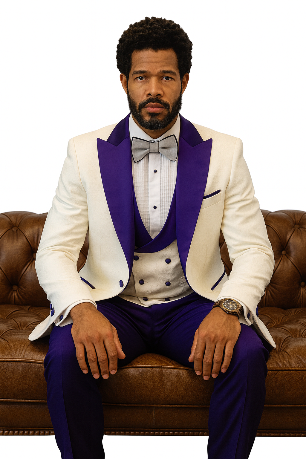 Hilton White and Purple Paisley Peak Lapel Tuxedo Jacket with Matching Shawl Vest and Wool Pants – Includes Bow Tie - Image 7