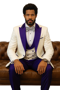 Hilton White and Purple Paisley Peak Lapel Tuxedo Jacket with Matching Shawl Vest and Wool Pants – Includes Bow Tie