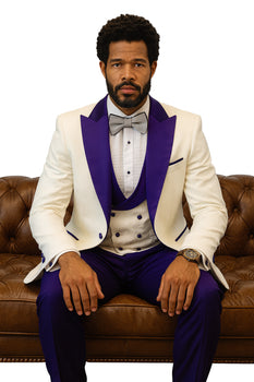 Hilton White and Purple Paisley Peak Lapel Tuxedo Jacket with Matching Shawl Vest and Wool Pants – Includes Bow Tie - Image 7