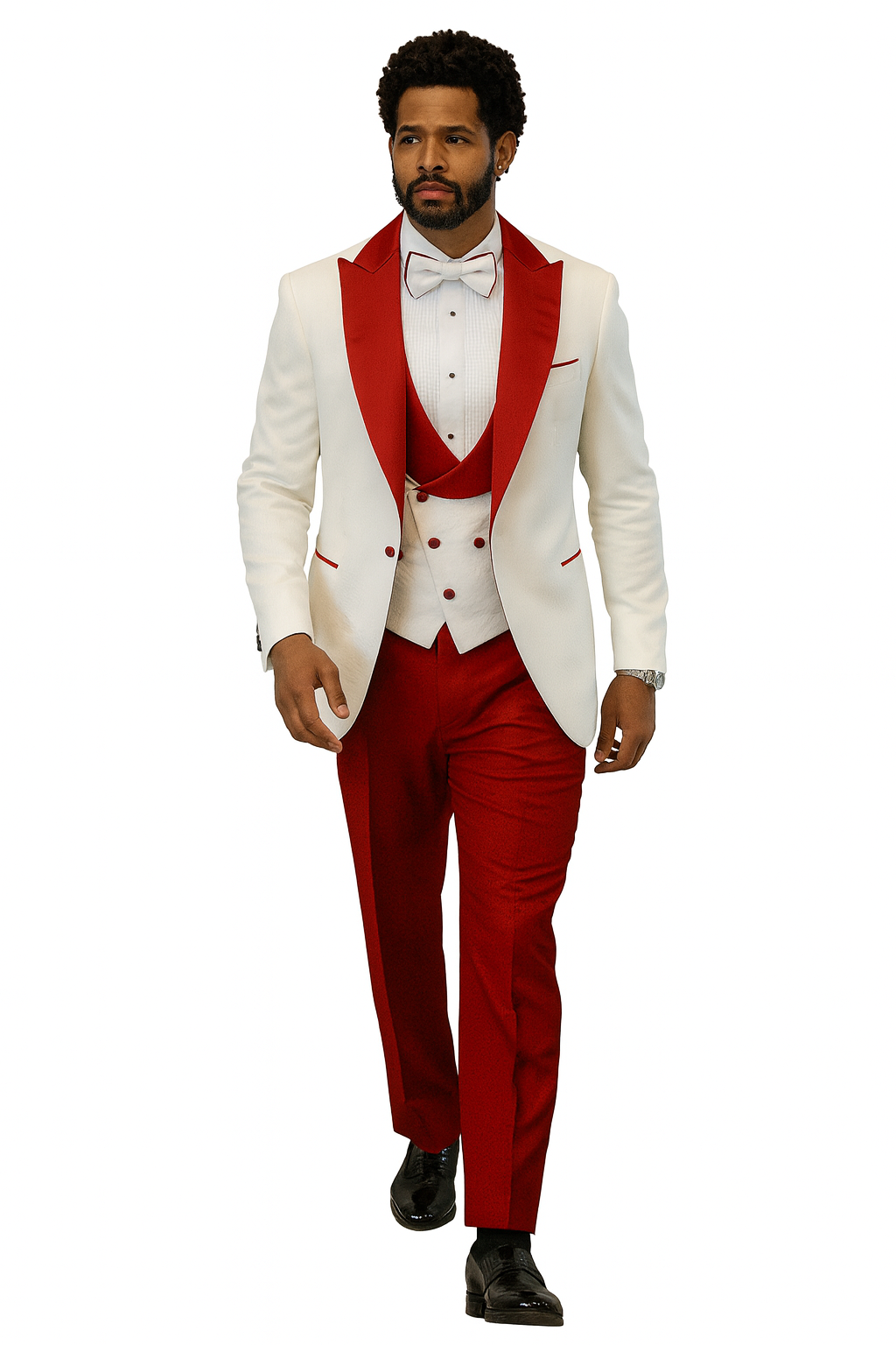 Hilton White and Red Paisley Peak Lapel Tuxedo Jacket with Matching Shawl Vest and Wool Pants – Includes Bow Tie - Image 6