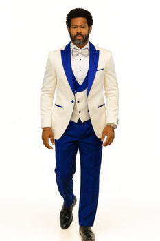 Hilton White and Royal Blue Paisley Peak Lapel Tuxedo Jacket with Matching Shawl Vest and Wool Pants – Includes Bow Tie - Image 6