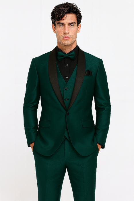 Mens Emerald Green Tuxedo with Black Satin Shawl Lapel – 3 Piece Formal Suit with Vest