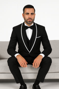 Men's Trimmed Shawl Lapel Blazer Dinner Jacket Black Vested Sport Coat - Image 4
