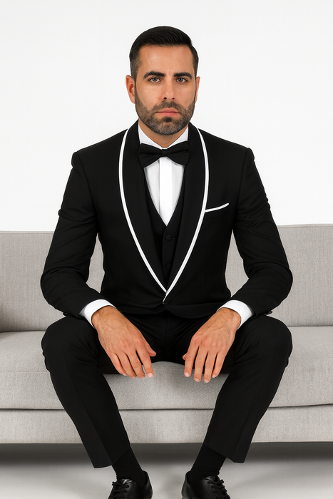 Men's Trimmed Shawl Lapel Blazer Dinner Jacket Black Vested Sport Coat