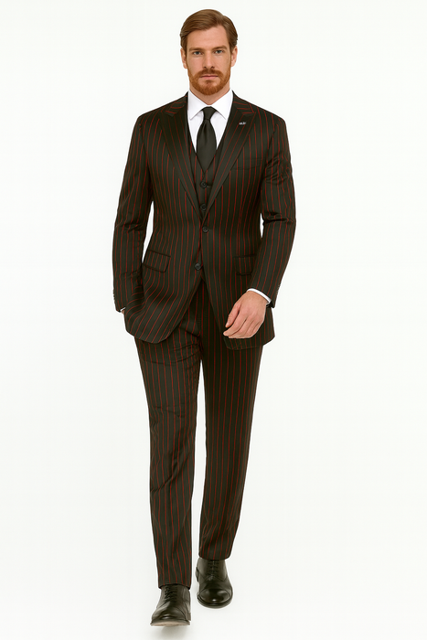 Men's  Black ~ Red Two Button Vest  Suit