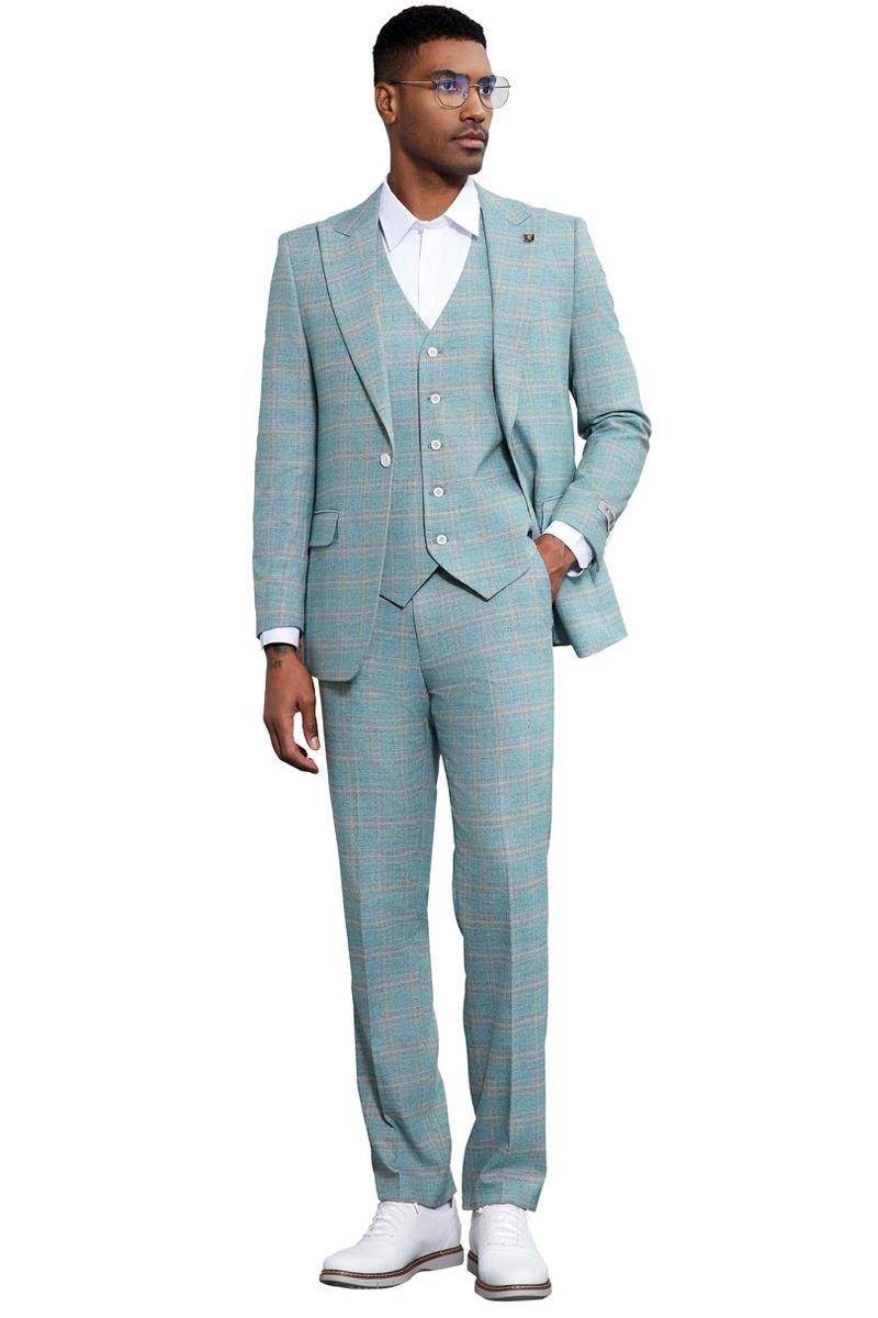Men's Stacy Adams Vested Peak Lapel Light Turquoise Green Plaid Prom & Wedding Suit - Image 6