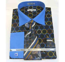 Circle Multi Pattern Cotton French Cuff Black Blue Men's Dress Shirt