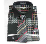 French Cuff Window Pane Pattern With Collar Black Men's Dress Shirt