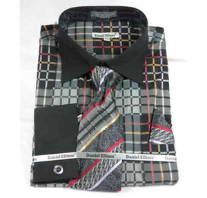 French Cuff Window Pane Pattern With Collar Black Men's Dress Shirt