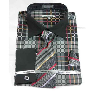 French Cuff Window Pane Pattern With Collar Black Men's Dress Shirt